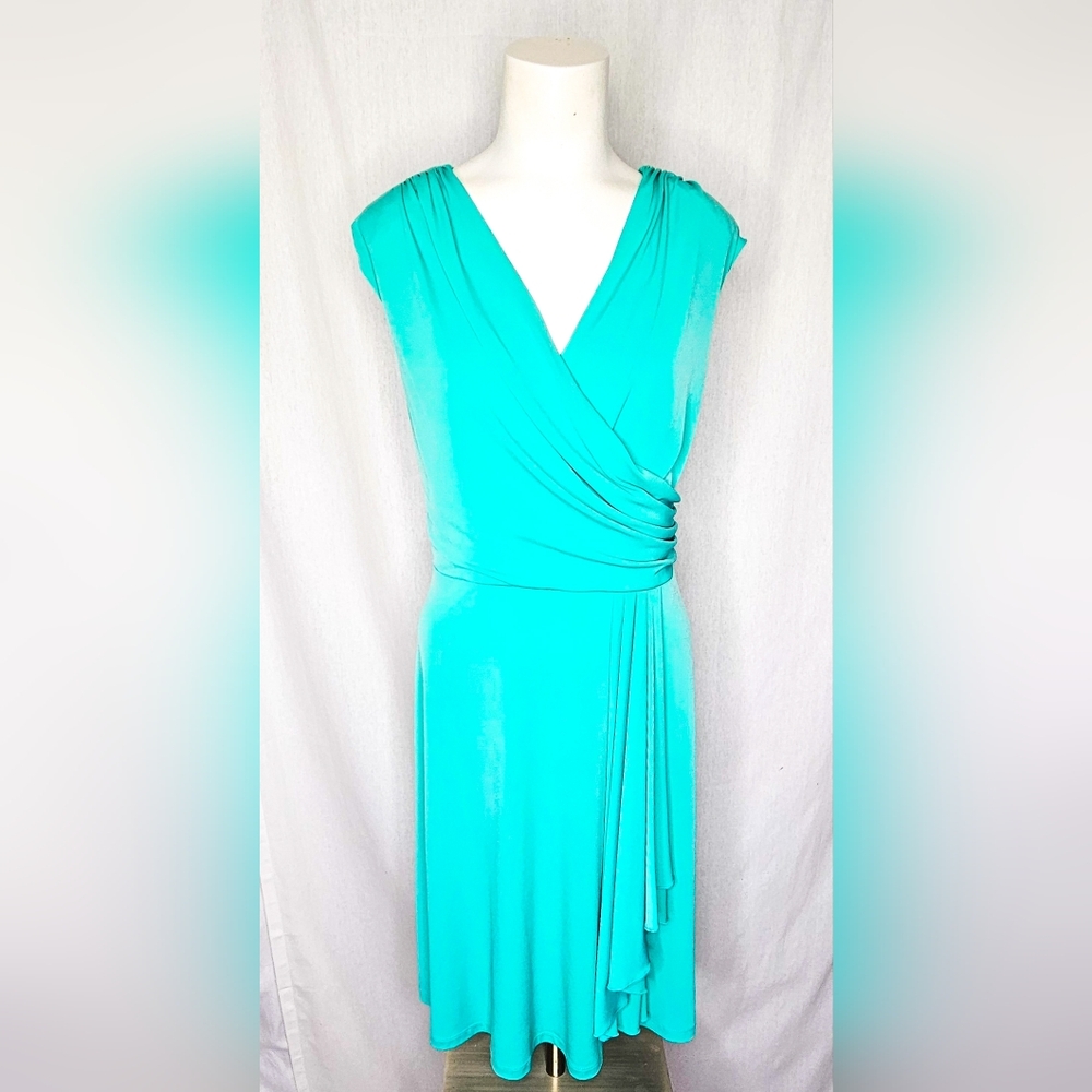 AGB Teal Aqua Formal Wrap Ruched Waist Stretch Knit Dress Size 12